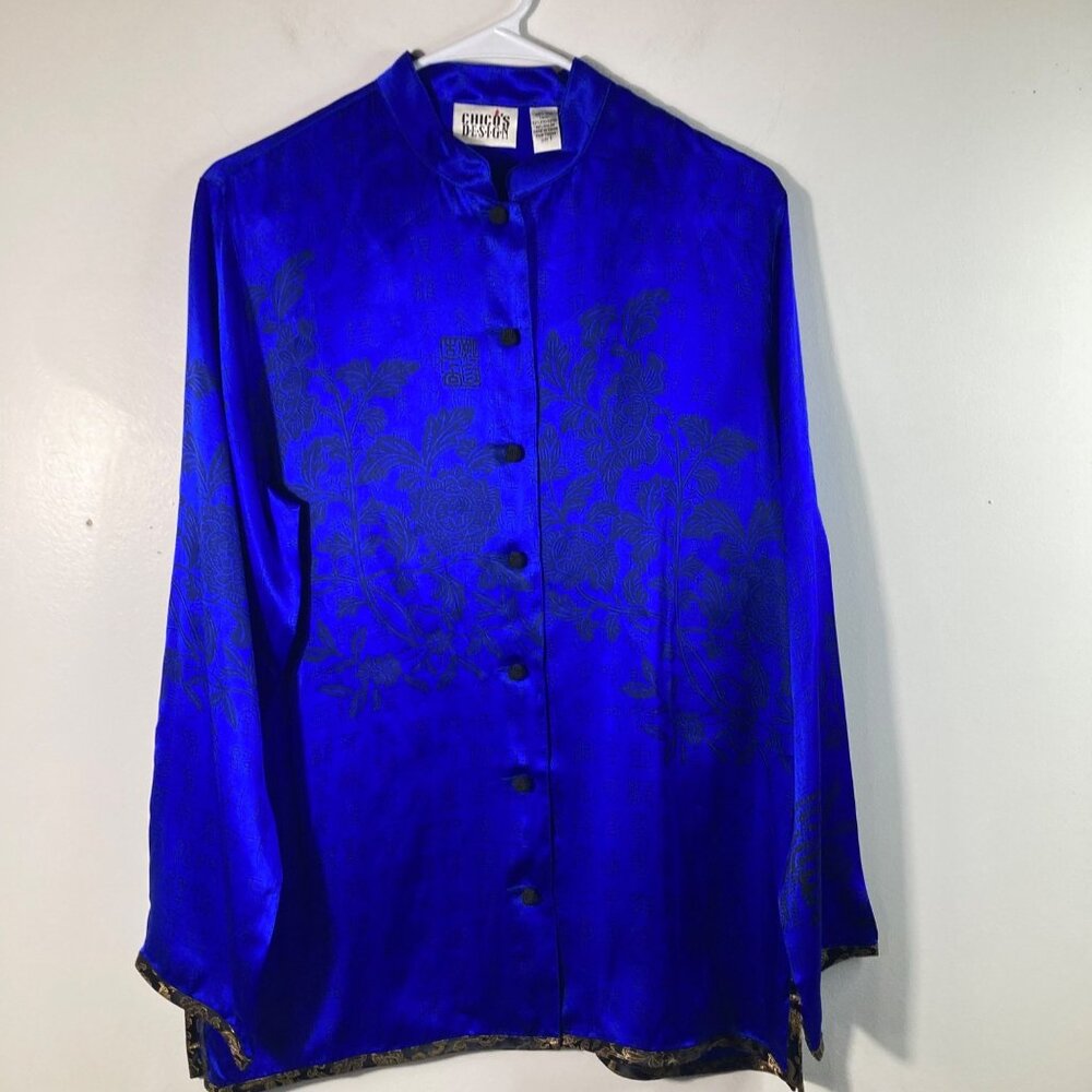 Womens Chicos Design Silk Button Asian Floral Tunic M Cobalt‎ Blue Black